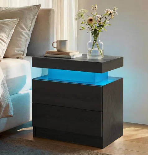 Vista 13 de Generic Juego de 2 Mesitas de noche con 2 cajones, mesa de noche con cajones para muebles de dormitorio, mesa auxiliar con luz LED, color negro