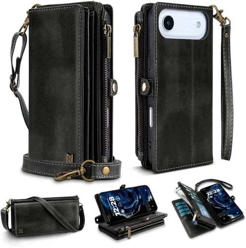 Vista 35 de Funda tipo cartera para iPhone 16 Pro Max con 8 tarjeteros, bloqueo RFID, piel sintética, función atril, abatible, correa de muñeca y correa