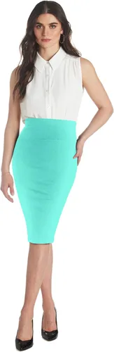 Vista 4 de Hybrid & Company Falda de tubo elástica de nailon para mujer, cintura alta, hecha en los Estados Unidos por debajo de la rodilla