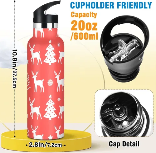 Vista 2 de Merry Christmas White Snowflakes Elk Leakproof and BPA Free Kids' Metal Water Bottle with Straw Lid Double Wall Vacuum Insulated Bottles for Travel