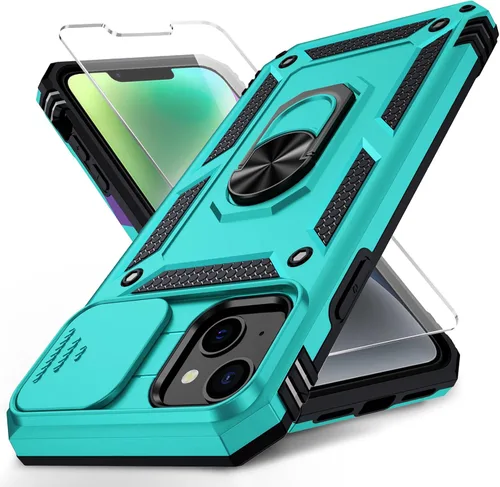 Vista 31 de Funda para iPhone 14 con cubierta para lente de cámara, protector de pantalla HD, protección contra caídas de grado militar de 10 pies, soporte
