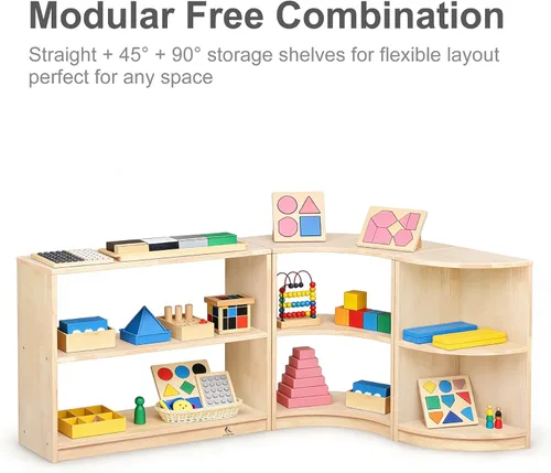 Vista 6 de Estante de almacenamiento Montessori curvado de 3 niveles - Organizador infantil para juguetes, libros y suministros de arte, muebles de gabinete