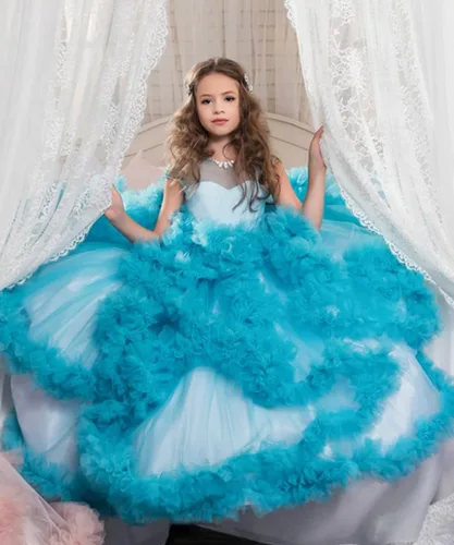 Vista 2 de Impresionantes vestidos de tul con espalda en V para niñas de 2 a 12 años Azul