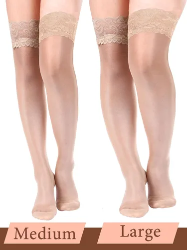 Vista 2 de Boao 3 pares de medias altas hasta el muslo para mujer, antideslizantes, de silicona, con encaje, medias de seda para mujeres y niñas, suministros