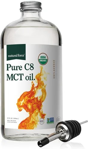Vista 8 de Natural Force Aceite orgánico puro C8 MCT, aceite MCT líquido en recipiente de botella de vidrio, ácido caprílico concentrado, ceto, paleo, kosher
