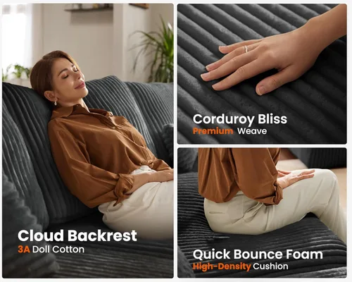 Vista 6 de Sofá Modular de Tamaño Grande, Sofá Seccional de Pana Cloud Extra Profundo con Otomana Chaise, Sofá Cama de Pana Esponjosa de 2 Plazas para Sala