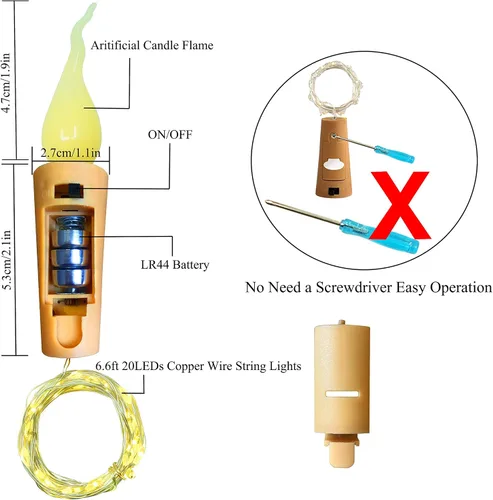 Vista 2 de Luces para botella de vino con llama de vela, paquete de 10 tiras de luces LED de corcho sin llama, funciona con pilas, alambre de cobre, mini luces