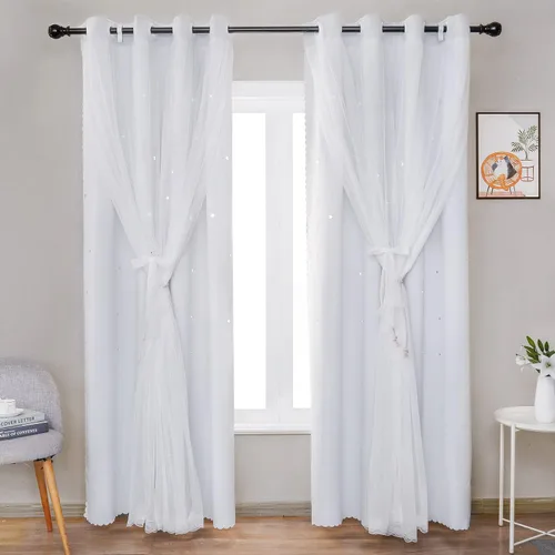 Vista 16 de UNISTAR - 2 paneles de cortinas opacas y transparentes con estrellas para dormitorio de niñas, niños, habitación de bebé, cortinas de doble capa