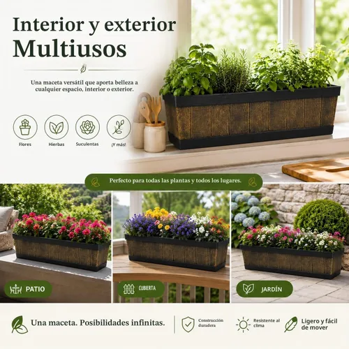 Vista 6 de Gardenised QI004121.L - Maceta rectangular de plástico para exteriores e interiores, maceta para plantar verduras o flores, marrón grande