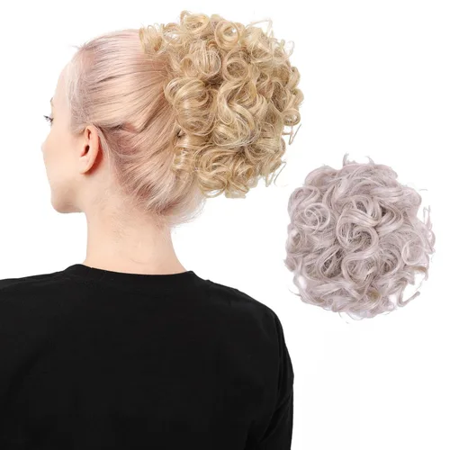 Vista 12 de Moño de cabello rizado desordenado, pieza de cabello sintético resistente al calor, extensiones de moño de cabello despeinado con cordón Updos Negro