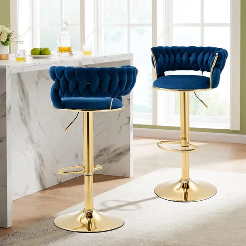 Vista 2 de Juego de 2 taburetes de bar giratorios de altura ajustable y 360, silla de recepción redonda moderna, silla de bar de terciopelo dorado, silla alta