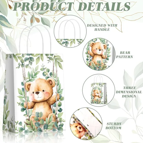 Vista 5 de Yeaqee - 24 bolsas de regalo de papel con asas para fiesta de oso lindo tema de oso con asas, bolsas de dulces para baby shower, fiestas de bosque