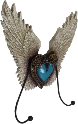 Vista 4 de Ebros Gift Corazón de flor de Lis de cuero sintético rústico occidental con alas de roca turquesa y ángel, ganchos dobles decorativos para colgar
