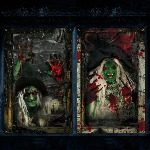 Vista 15 de Newwiee - 2 cortinas de Halloween aterradoras con silueta para ventana, decoración, póster temático para interiores y exteriores, fiestas, paredes