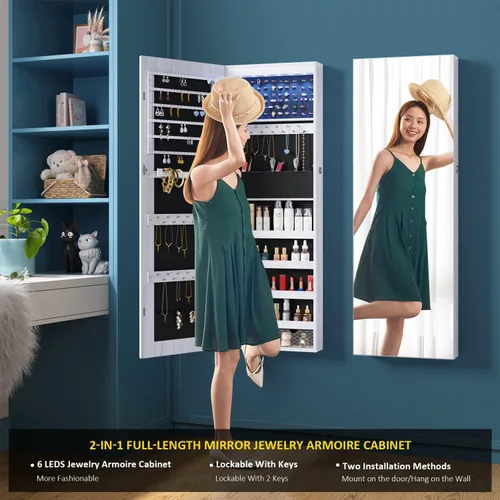 Vista 3 de Lvifur - Armario de joyería con 6 luces LED armario para las joyas montado en la pared o en la puerta con un espejo de longitud completa organizador