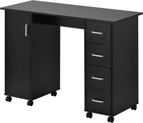 Vista 2 de Escritorio de manicura de uñas para técnico, estación de mesa de uñas de spa de salón de madera con gabinete, cajones, ruedas controlables (negro)
