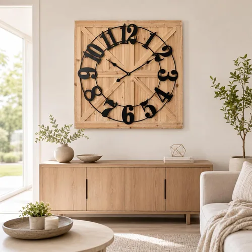 Vista 12 de EMAX HOME Reloj de pared grande estilo casa de campo, reloj de madera rústico cuadrado marrón de 24 pulgadas con letrero decorativo de madera