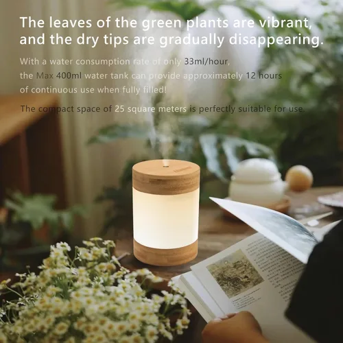 Vista 7 de Mini humidificador ultrasónico de bambú, humidificador de escritorio silencioso de 14.1 onzas líquidas con luz nocturna LED dual, alimentado por