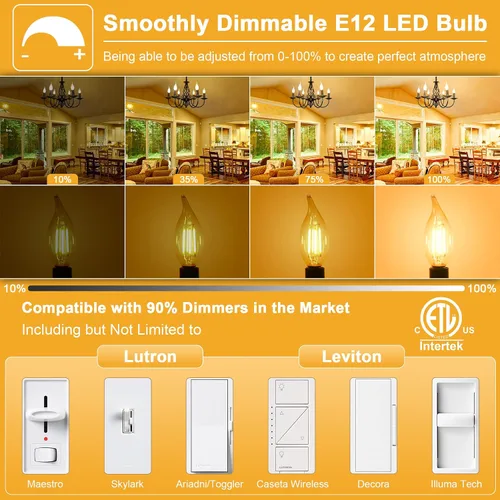 Vista 2 de GOLSPARK E12 Chandelier LED Light Bulbs 60W Equivalent 2700K Warm White Type B, B11 550LM, 120V, CRI85+, Dimmable, Vintage Filament Flame Tip