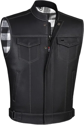 Vista 11 de SOA - Chaleco de motocicleta para hombre, piel de búfalo de alta calidad, armadura trasera, bolsillos interiores, chalecos de club de motociclista