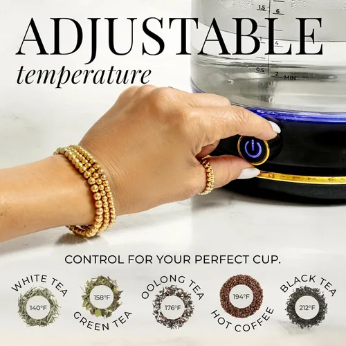 Vista 5 de Hervidor eléctrico de vidrio, sin plástico, acero inoxidable, apagado automático y función de mantener el calor, tetera negra y dorada con control
