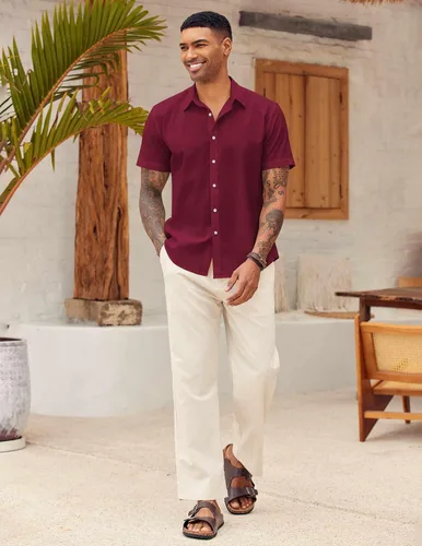 Vista 5 de COOFANDY Camisa casual de manga corta con botones para hombre, de verano, algodón, lino, para playa
