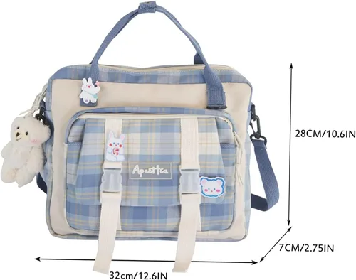 Vista 7 de Mochila Kawaii con pin Kawaii y oso de felpa mini bonita mochila escolar japonesa de anime Gris Mochilas Daypack