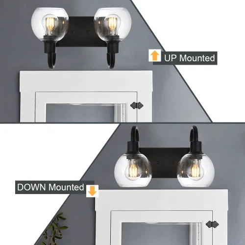 Vista 5 de Luz de tocador de baño con vidrio esmerilado en forma de globo de 2 luces, aplique de pared industrial negro para vestíbulo o pasillo