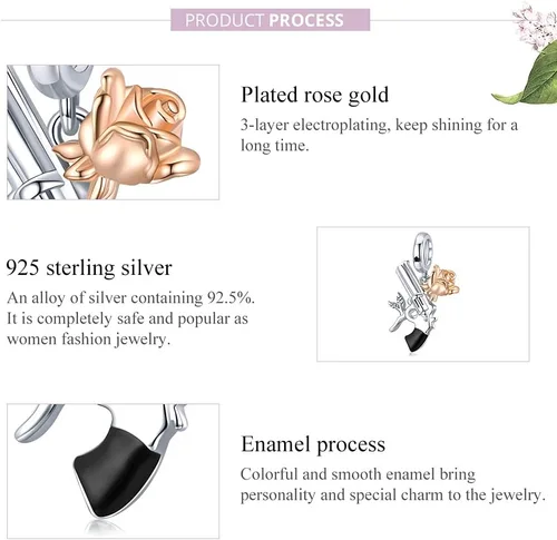 Vista 6 de Authentic 925 Sterling Silver Mom Heart Shaped Pistol with Rose Charm for Original Silver Bracelet or Bangle Jewelry Make Pendants