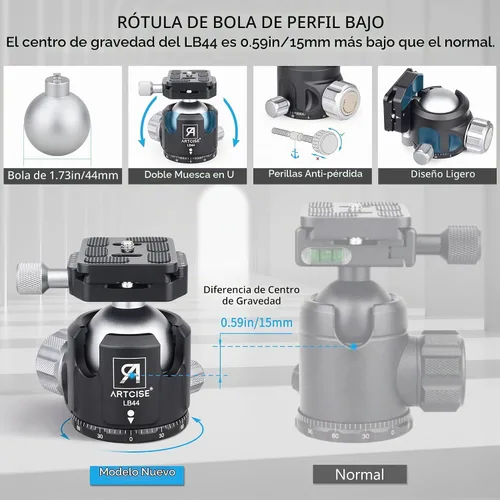 Vista 5 de Trípode de cámara de fibra de carbono con cabeza de bola de perfil bajo de 1.732 in, trípode compacto profesional ARTCISE NS85C, columna central