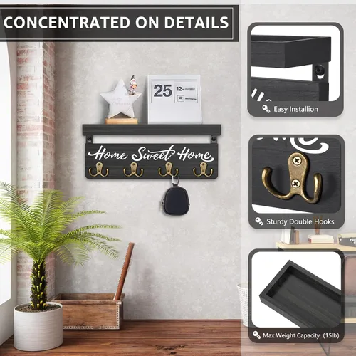 Vista 7 de buways Portallaves Decorativo de Pared, Colgador de Llaves de Madera Rústica para Pared con 4 Ganchos Dobles para Llaves, Estante Portallaves