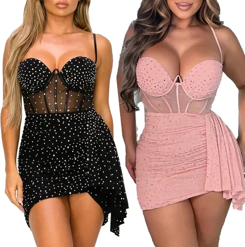 Vista 4 de PORRCEY Vestidos de noche para mujer, sexy, elegante, con diamantes de imitación, sin mangas, para fiesta, club, perforación en caliente