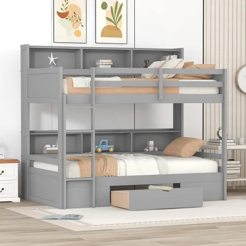 Vista 4 de Litera moderna de madera con cajón, literas individuales sobre individuales con estantes integrados junto a la cama superior e inferior, marco