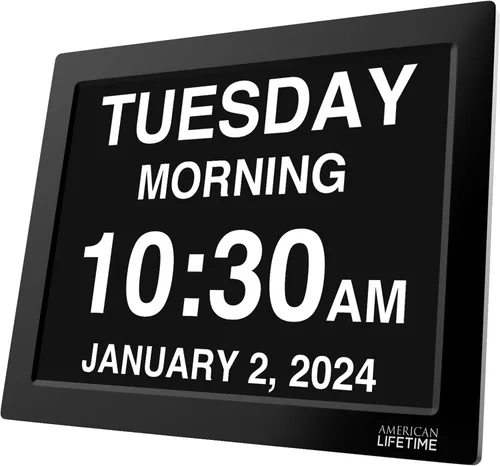 Vista 9 de American Lifetime Reloj digital grande para personas mayores, negro, 8 pulgadas, con día y fecha, alarmas personalizables, atenuación automática