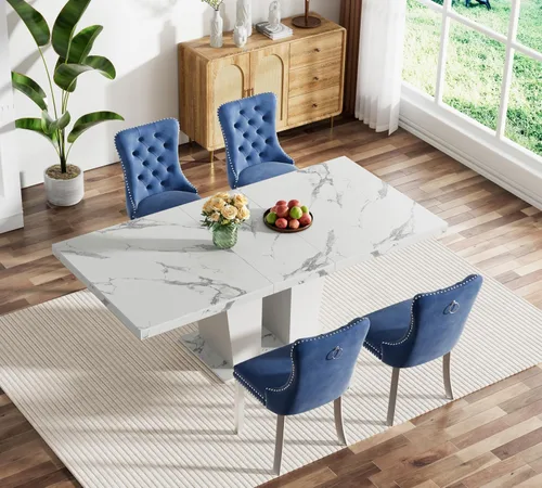 Vista 37 de Juego de mesa de comedor extensible marrón de 63 a 78.74 pulgadas para 4, juego de mesa de comedor de 5 piezas con 4 sillas, mesa de cocina