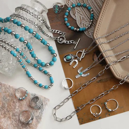 Vista 7 de IFKM Bohemian Jewelry Set With Turquoise Necklace, Dangle Earrings, Stackable Bangle Bracelets, Knuckle Rings For Women Vintage Western Boho