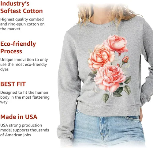 Vista 5 de Pink Rose Pullover Sweatshirt - Flower Print Women's Sweatshirt - Illustration Sweatshirt