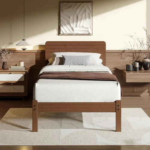 Vista 13 de Marco de cama individual de madera de bambú maciza de 14 pulgadas de alto con cabecero, soporte de listones de metal resistente, fácil montaje,