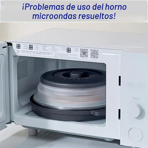 Vista 4 de Cubierta de salpicaduras para microondas con base antiquemaduras, ventilada para evitar quemaduras, tapa de protección plegable, colador de frutas