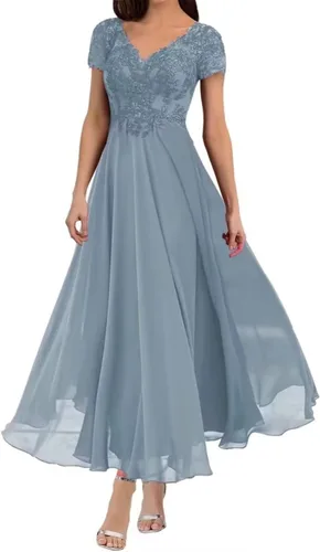 Vista 4 de Vestidos de noche formales de gasa con mangas y cuello en V para madre de la novia