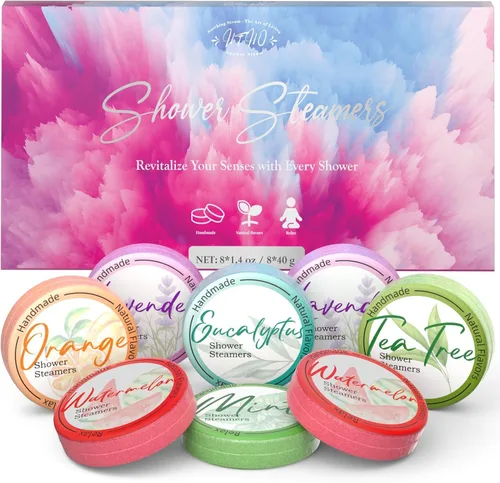 Vista 10 de Shower Steamers - Paquete de 8 bombas de ducha de aceites esenciales naturales para cuidado personal, regalos de cumpleaños de relajación