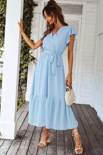 Vista 5 de PRETTYGARDEN - Vestido floral para mujer estilo bohemio, cruzado, con cuello en V, manga corta, con cinturón, dobladillo con volantes, acampanado