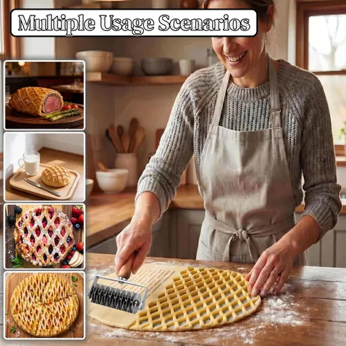 Vista 6 de Cortador de Rodillo de Enrejado para Repostería - Enrejado de Masa de Acero Inoxidable para Tartas, Pizza, Pan, Beef Wellington, Cortador de Rodillo