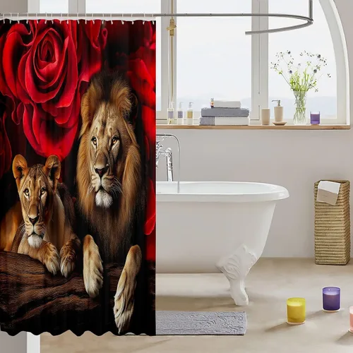 Vista 3 de Erosebridal Cortina de ducha para decoración de baño, con estampado de leones y rosas, para niños, adolescentes, niños, niñas, habitación del hogar