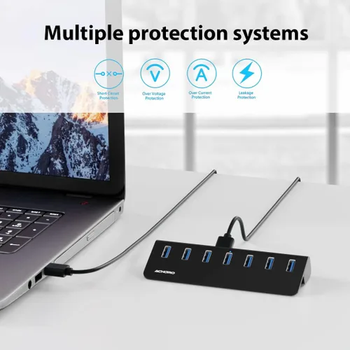 Vista 5 de Achoro Hub USB 3.2 alimentado por 7 puertos (2.ª generación), expansor USB de aluminio de alta velocidad de 10 Gbps para computadora, Mac, PC
