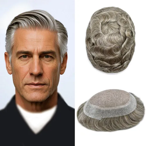 Vista 46 de Toupee para hombres Piezas de pelo fino mono para hombre Toupee sistema de reemplazo de pelo para hombres línea capilar natural para hombre postizo