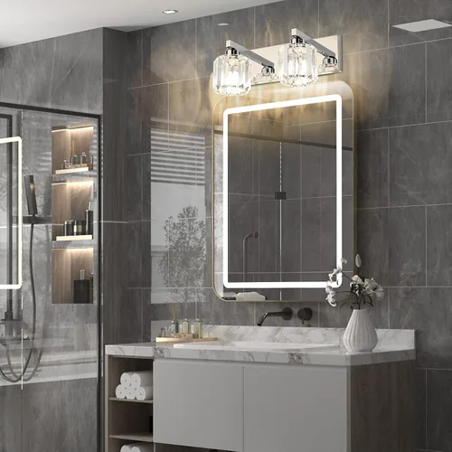 Vista 3 de Aipsun Accesorios de iluminación de tocador de baño, luces de tocador de cristal para baño, 2 luces, accesorios de iluminación de pared de acero