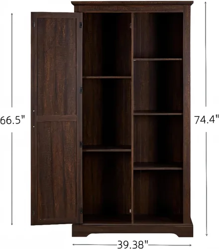 Vista 2 de Armario de almacenamiento alto para bufé, estantería rústica de madera, vitrina de despensa de granja con estantes ajustables, muebles de cocina