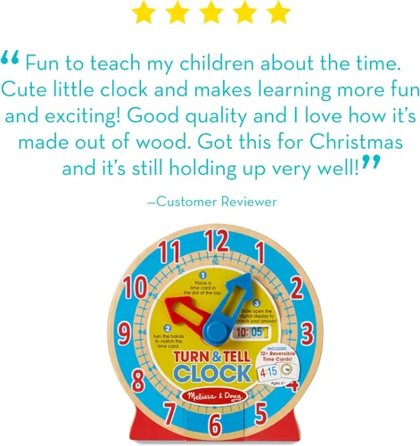 Vista 6 de Reloj de madera educativo para niños, con tarjetas reversibles de hora; juguete "Turn & Tell" de Melissa & Doug