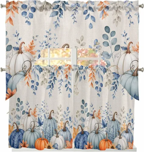 Vista 37 de Thanksgiving Fall Swag Kitchen Curtain Sets with Valance, Orange White Pumpkins 3 Pieces Curtain Drapes Rod Pocket for Bedroom Living Room Bathroom